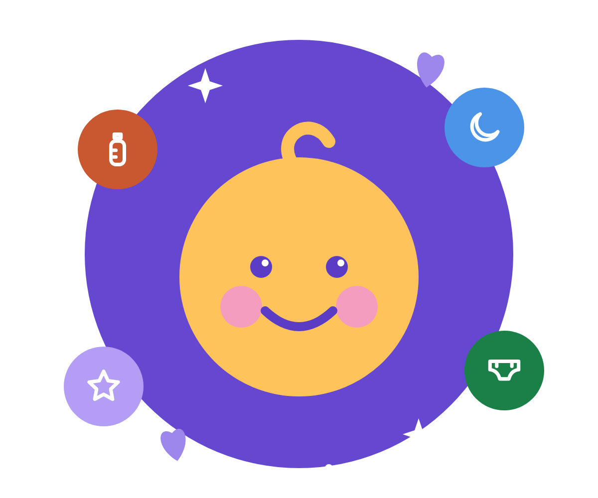 A smiling baby face on a purple circle, surrounded by small icons for feeding, sleep, nappies and milestones.
