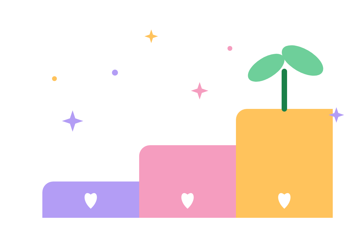 Three steps rising from lilac to pink to yellow, with a small green sprout growing on the top step.